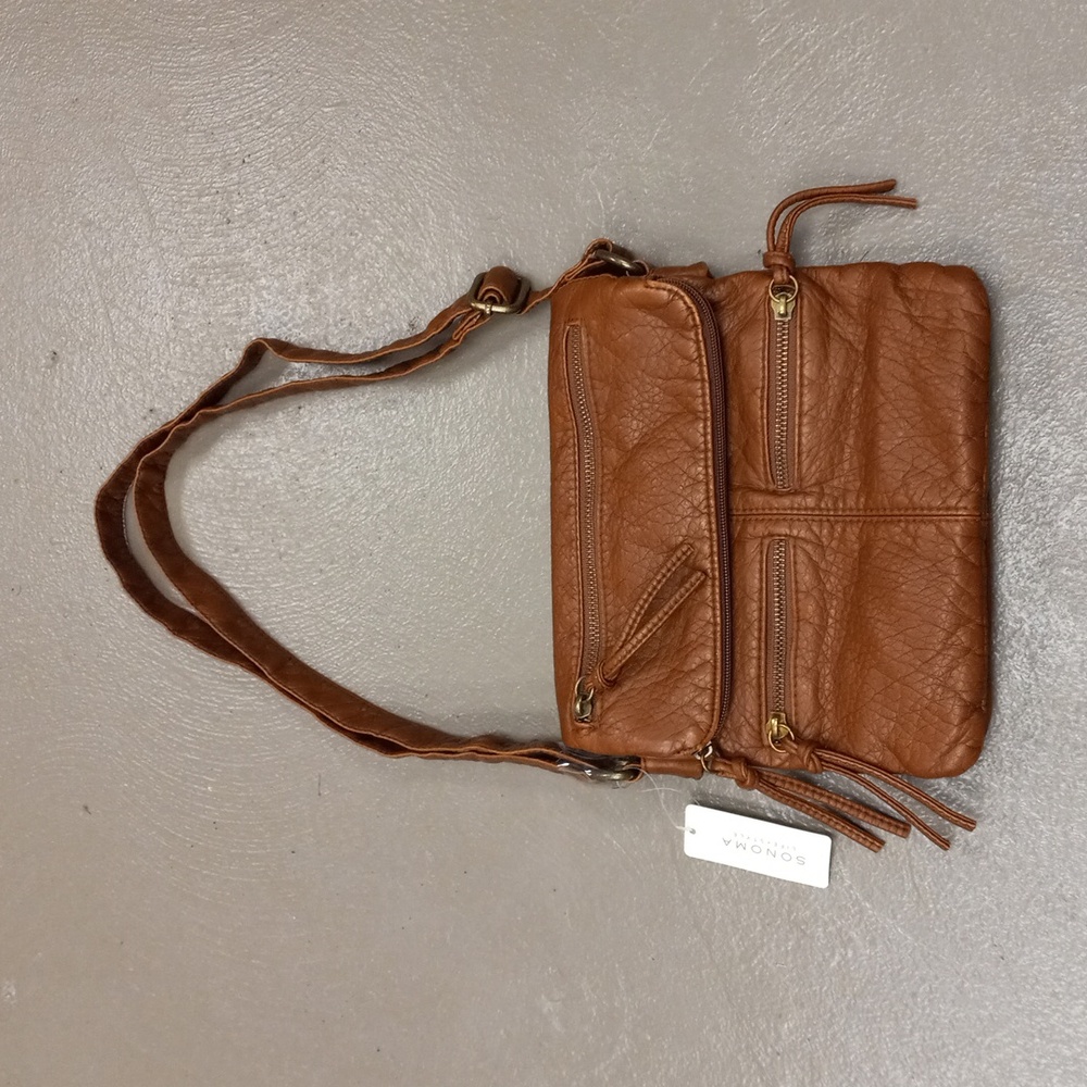 Sonoma  Cognac Faux Leather Dallas Crossbody With Multiple Zip Pockets